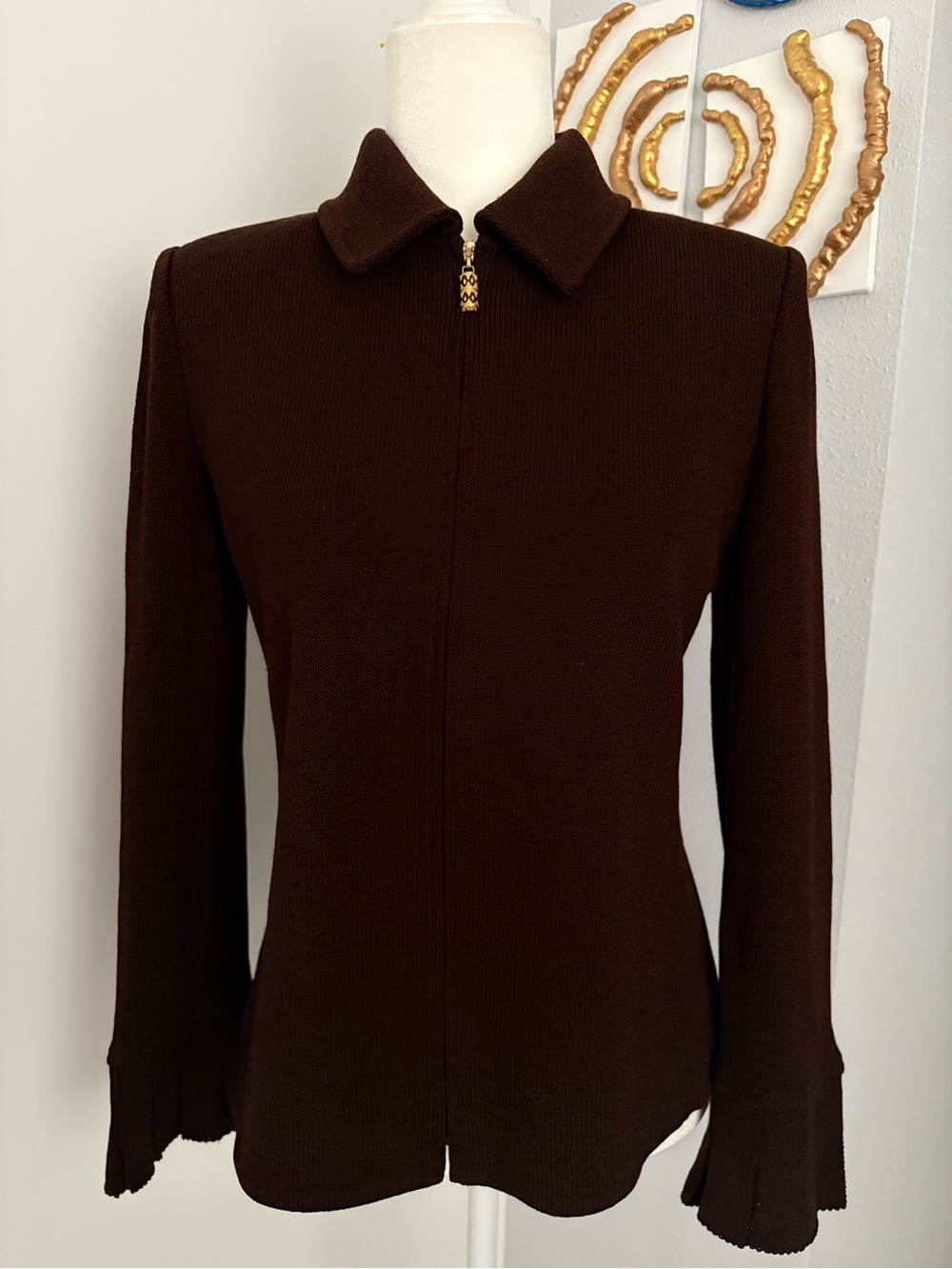 St. John Chocolate Brown Zip-Front Jacket with Petite Collar - Picture 3 of 8
